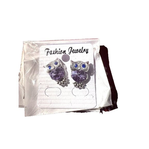 Silvertone Owl Purple Crystal Eyes Stud Fashion Earrings - Picture 1 of 1
